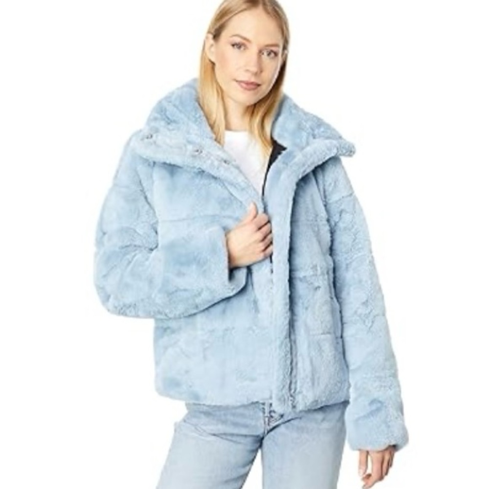NVLT Women's Bunny Faux Fur Puffer "Blue Mist" Coat Size  S/P